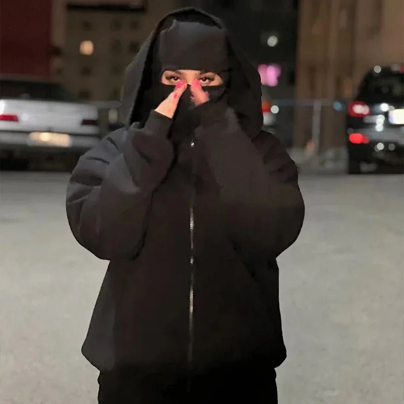 women's Men's and Balaclava Y2K Gothic Harajuku winter new item double hooded sweatshirt men's hooded mask zipper sportswear - The Discount Plug