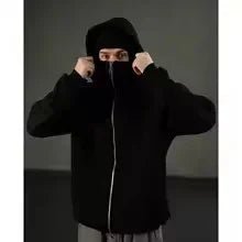 women's Men's and Balaclava Y2K Gothic Harajuku winter new item double hooded sweatshirt men's hooded mask zipper sportswear - The Discount Plug