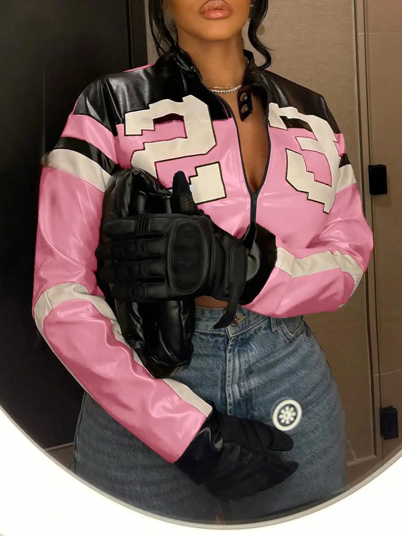 Women's Red Faux Leather Bomber Jacket - Zipper Short Coat for Christmas/New Year Party & Casual Outfits - The Discount Plug