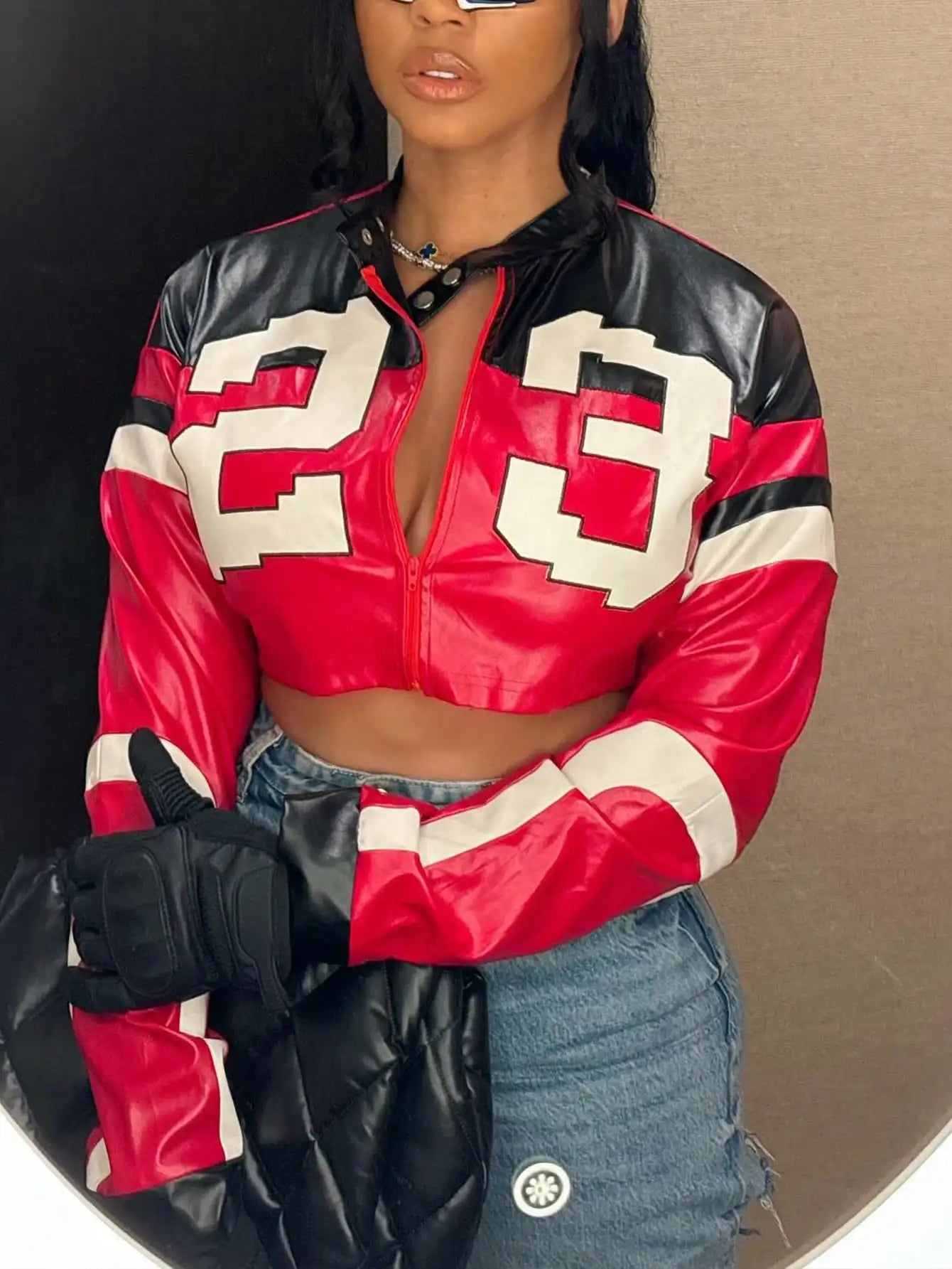 Women's Red Faux Leather Bomber Jacket - Zipper Short Coat for Christmas/New Year Party & Casual Outfits - The Discount Plug