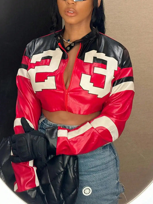 Women's Red Faux Leather Bomber Jacket - Zipper Short Coat for Christmas/New Year Party & Casual Outfits - The Discount Plug