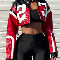 Women's Red Faux Leather Zipper Bomber Jacket - Short Casual Coat for Christmas/New Year Party Outfits - The Discount Plug