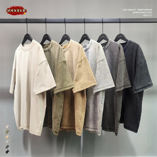 ZODF New Summer Batik Washed T-Shirts For Men Unisex Retro Loose High Street 275gsm Cotton T Shirt Brand Design HY0594 - The Discount Plug