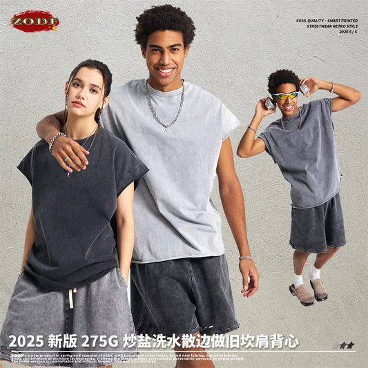 ZODF Trendy Summer Men Batik Washed 275gsm Cotton Tank Tops Unisex Oversized Loose Edge Sleeveless Vests Brand Tees HY1036 - The Discount Plug